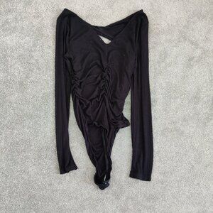 ASTR Women's Ruched Black Bodysuit Size Medium Comfy Casual Versatile Sexy